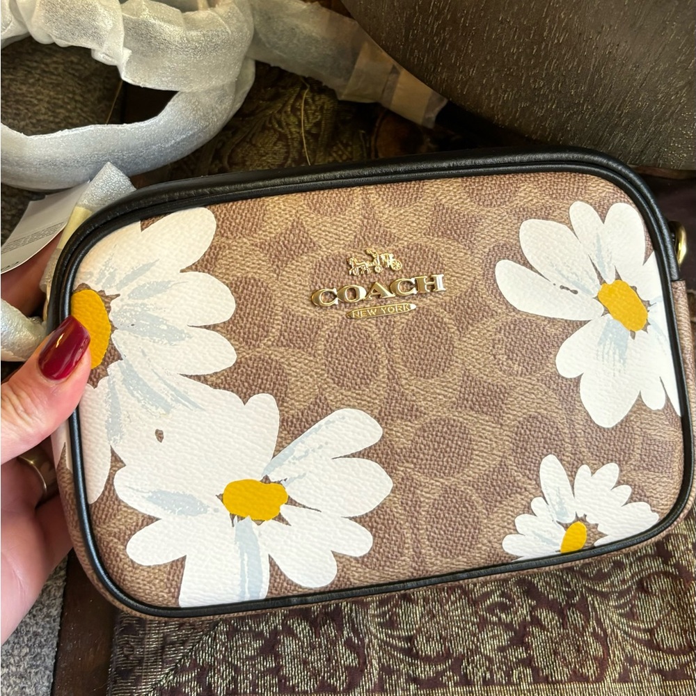 Authentic COACH Signature floral canvas/ smooth leather top zip Crossbody